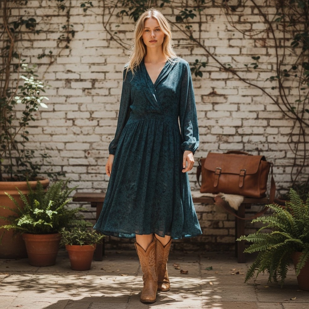 Doncaster Collection Silk Midi Dress Teal Black Floral V-Neck Long Sleeve
